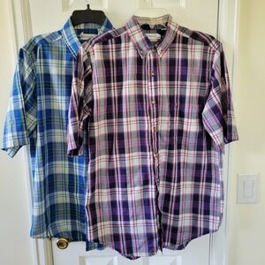 Saddlebrook Shirt M Plaid Button Down Short Sleeve Blue Lot Of 2 AS IS